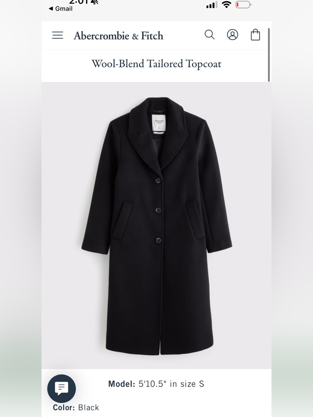 Abercrombie & Fitch Black Wool-Blend Tailored Topcoat